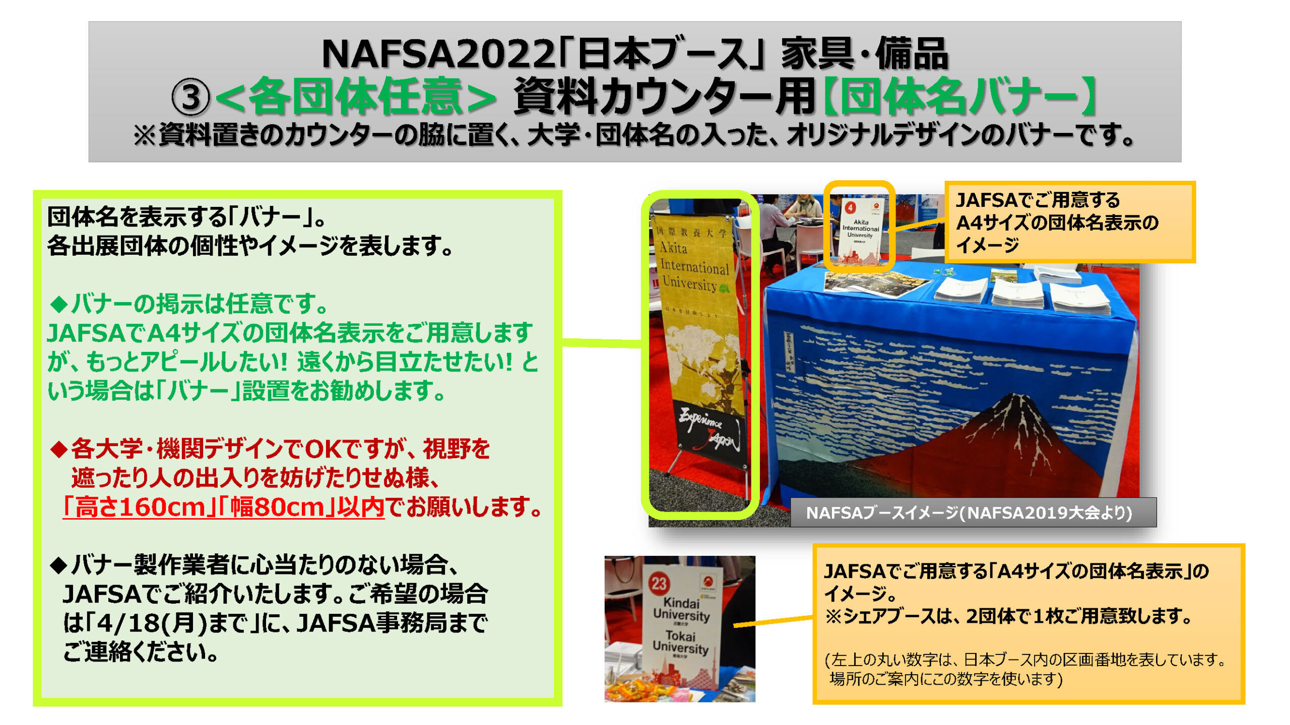 追加家具、赤富士クロス、団体名バナー「イメージ資料」P1 (NAFSA2022)